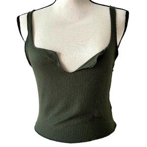 Intimately Free People Womens Green Ribbed Slit Neck Cropped Tank Top